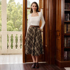 belle poque Women Vintage Plaided Swing Skirt Elastic Waist Mid-Calf Length A-Line Skirt
