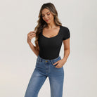 belle poque Women's Lace Trim Tops Slim Fit Ribbed Knit Basic Tee Tops