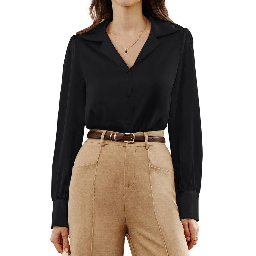 belle poque Women Vintage Shirt OL Long Sleeve Lapel Collar V-Neck Button-up Tops