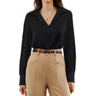 belle poque Women Vintage Shirt OL Long Sleeve Lapel Collar V-Neck Button-up Tops