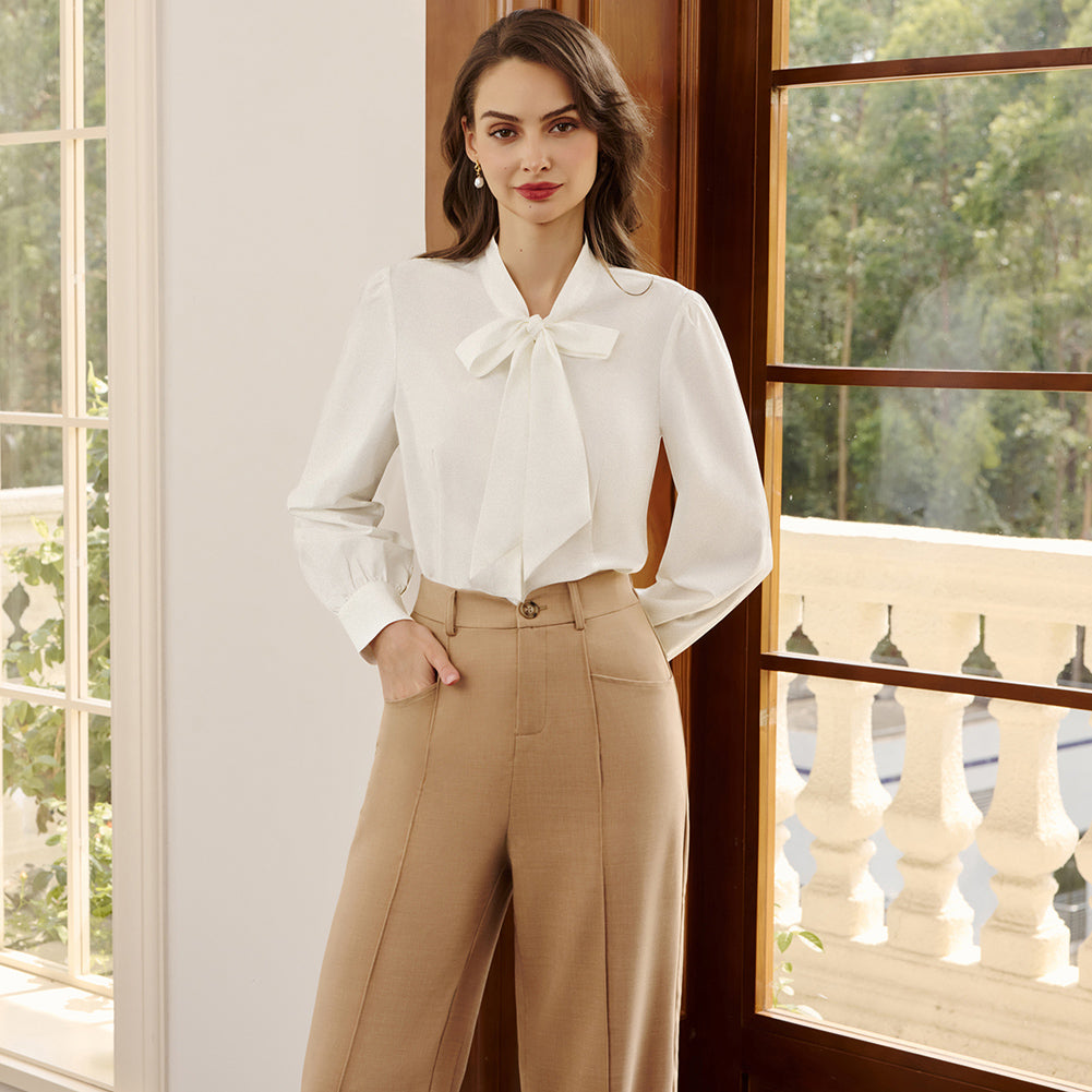 belle poque Women's Bow Tie Neck Blouse Button Down Shirt for Work Office Casual