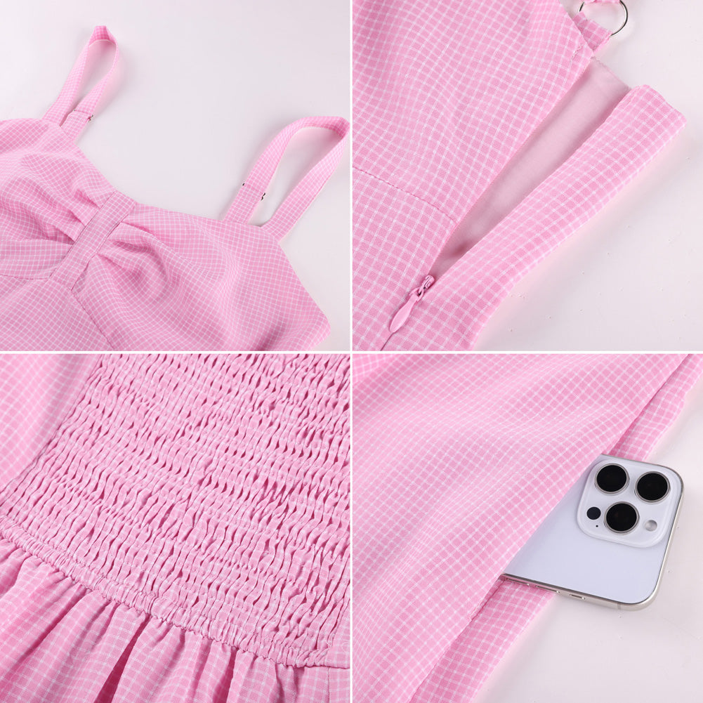 belle poque 1950s Vintage Gingham Dress for Women Sweetheart Neckline Dresses with Pockets