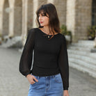 belle poque Women's Mesh Long Sleeve Tops Bow Tie Back Dressy Blouses