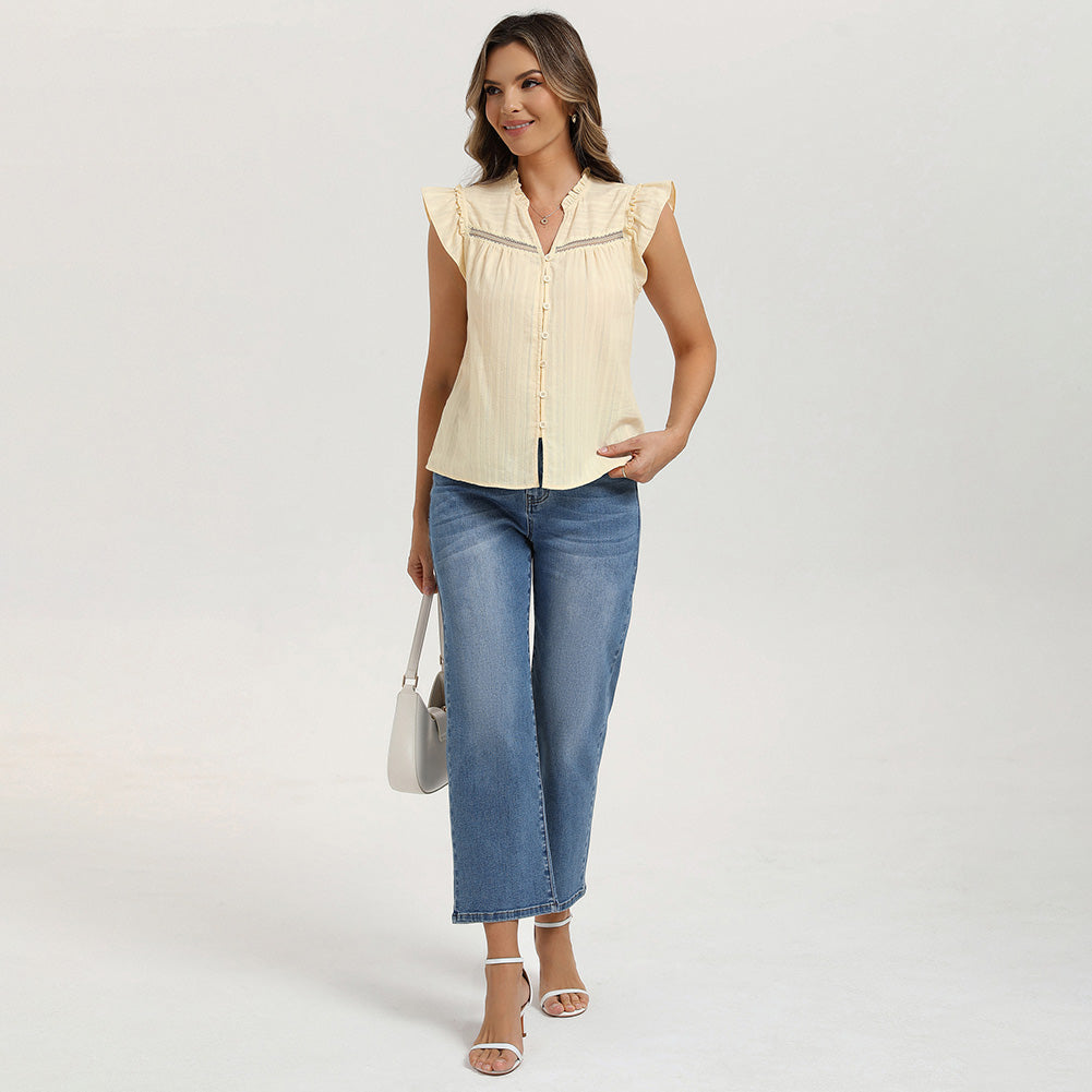 belle poque Women's Ruffle Sleeve Cotton Shirts Button Down Blouses Dressy Casual Tops