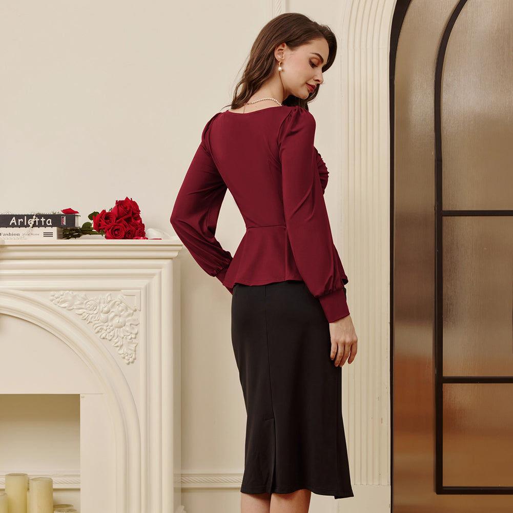 belle poque Women Vintage Ruched Tops Puffed Long Sleeve Peplum Hem Tops