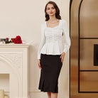 belle poque Women Vintage Ruched Tops Puffed Long Sleeve Peplum Hem Tops