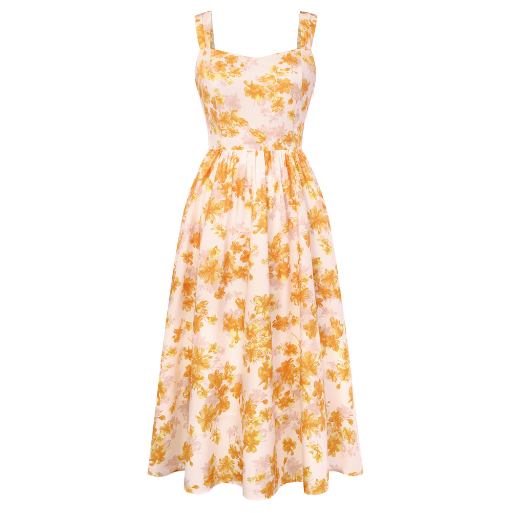 belle poque Women's Floral Midi Sundress with Pockets Spring Summer Dresses for Wedding Guest Yellow