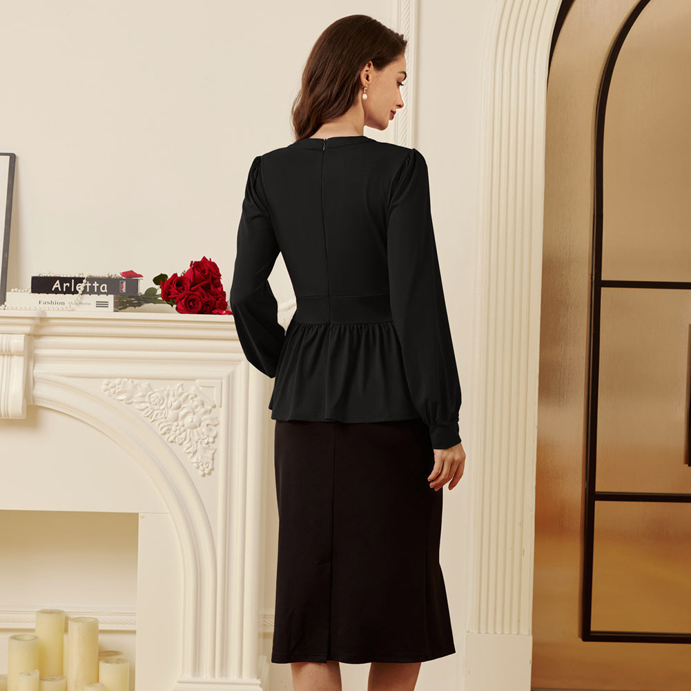 belle poque Women Retro Defined Waist Tops Long Lantern Sleeve Crew Neck Pullover Tops