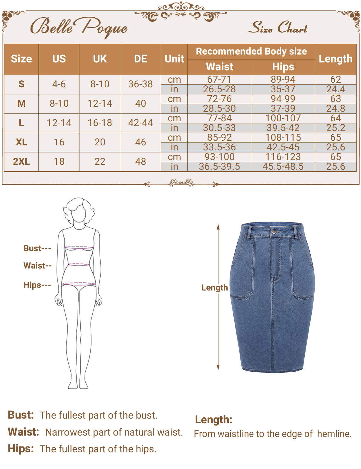 belle poque 2026 Women's Denim Skirt Knee Length Jean Skirt with Pockets