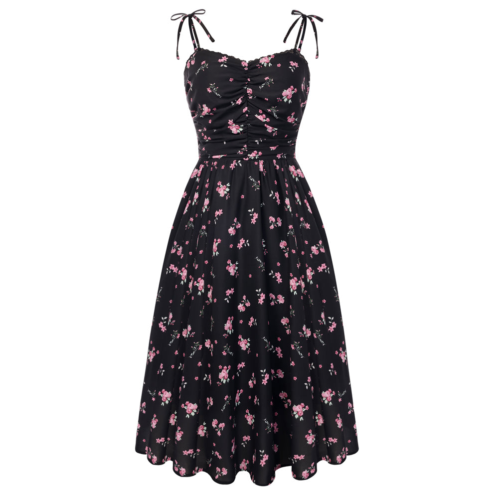 belle poque Women Spring Summer Wedding Guest Dress 2026 Midi Tea Party Ruched Sundress Black