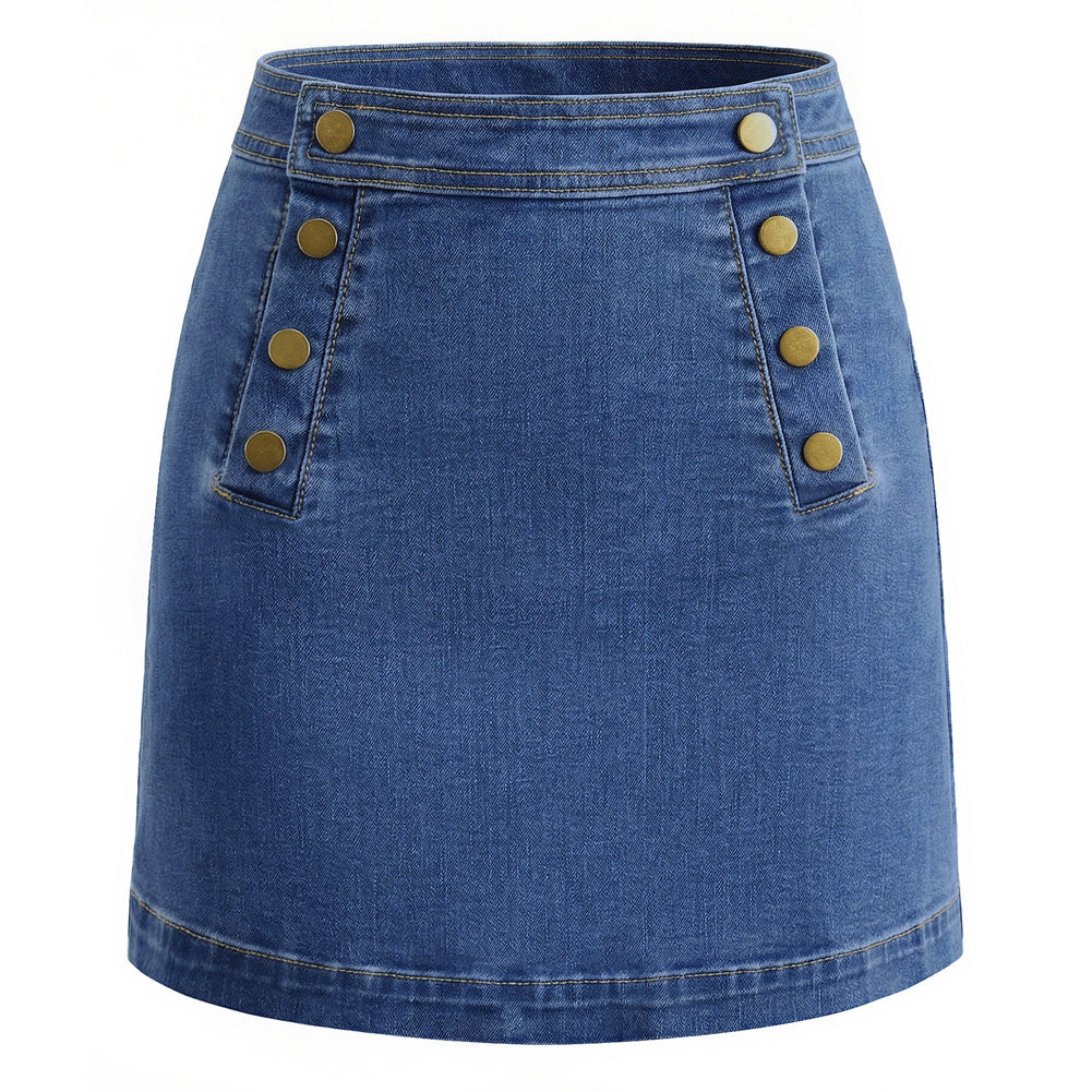 belle poque 2026 Denim Mini Skirt Button-Front Sailor Jean Skirts for Women with Pockets Dark Blue
