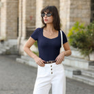 belle poque Women's Lace Trim Tops Slim Fit Ribbed Knit Basic Tee Tops