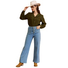 belle poque Vintage Straight Leg High Waisted Elastic Waist Multi-Pocket Flare Denim Pants