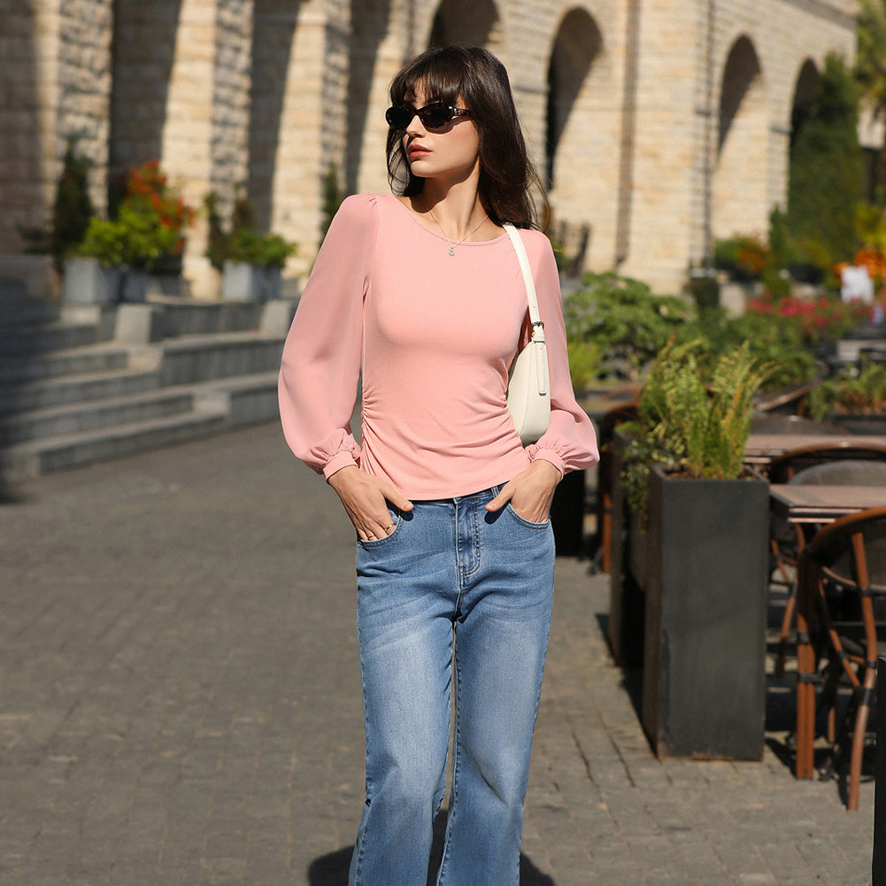 belle poque Women's Mesh Long Sleeve Tops Bow Tie Back Dressy Blouses