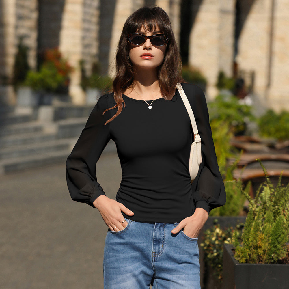 belle poque Women's Mesh Long Sleeve Tops Bow Tie Back Dressy Blouses