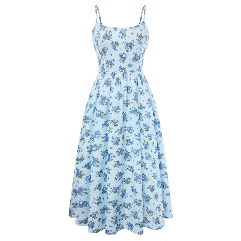 belle poque Floral Dress for Women 2026 Summer Sleeveless Midi A-line Beach Sundresses Blue