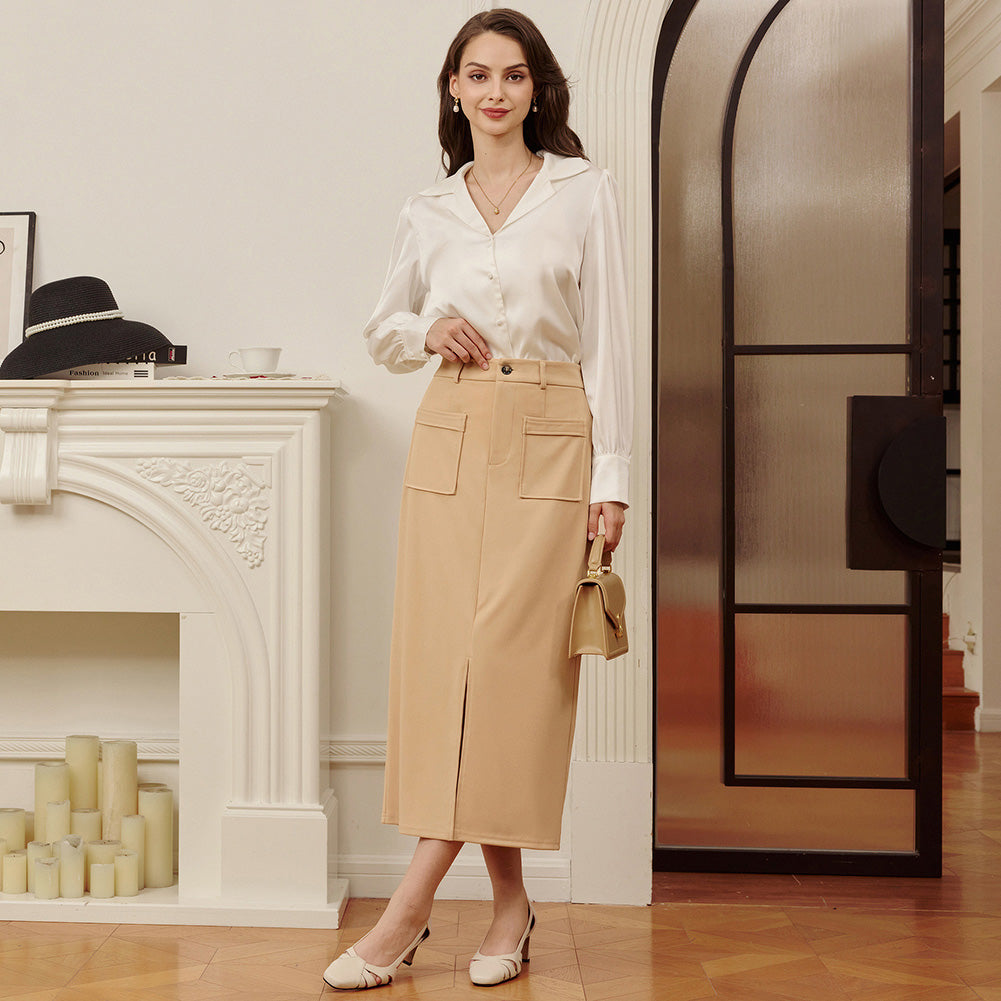 belle poque Women Cargo Skirt Long Pencil Skirt High Wiasted Skirts with Pockets & Slit