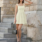 belle poque Women Vintage Polka-Dots Date Dress Square Neck Above Knee A-Line Dress