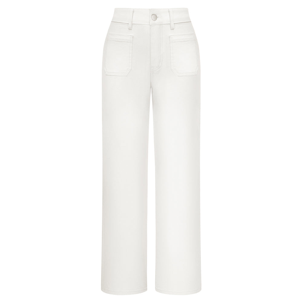 belle poque Women's Straight Leg Jeans Mid Rise Wide Leg Denim Pants with Pockets White