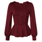belle poque Women Vintage Ruched Tops Puffed Long Sleeve Peplum Hem Tops Wine