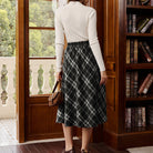 belle poque Women Vintage Plaided Swing Skirt Elastic Waist Mid-Calf Length A-Line Skirt