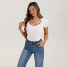 belle poque Women's Lace Trim Tops Slim Fit Ribbed Knit Basic Tee Tops