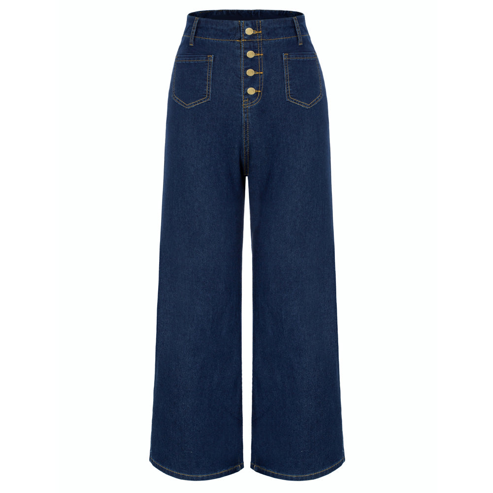 belle poque Vintage Straight Leg High Waisted Elastic Waist Multi-Pocket Flare Denim Pants Dark Blue