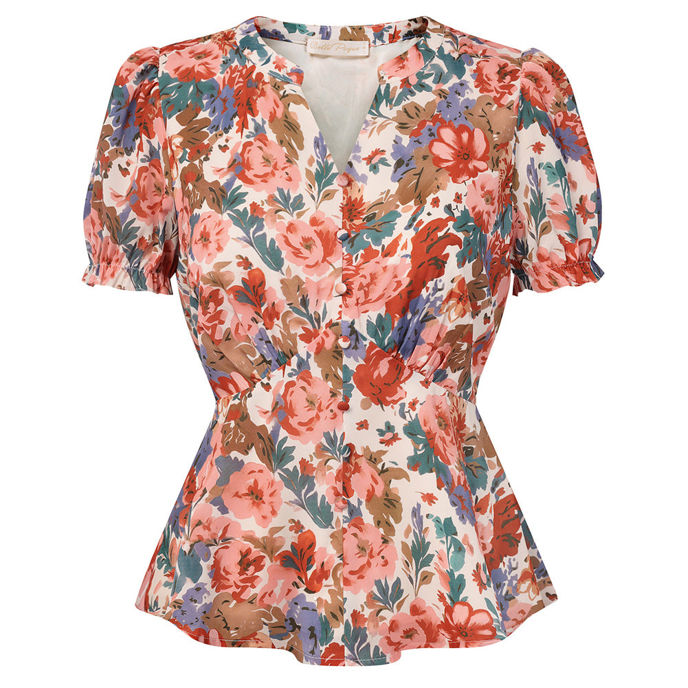 belle poque Floral Tops for Women Vacation Blouses Henley V Neck Shirts Peplum Tops Orange