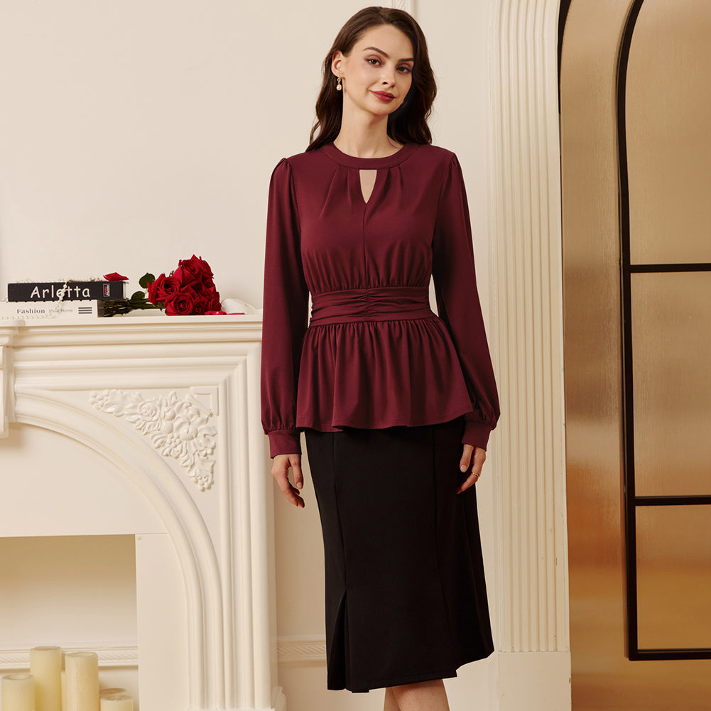 belle poque Women Retro Defined Waist Tops Long Lantern Sleeve Crew Neck Pullover Tops