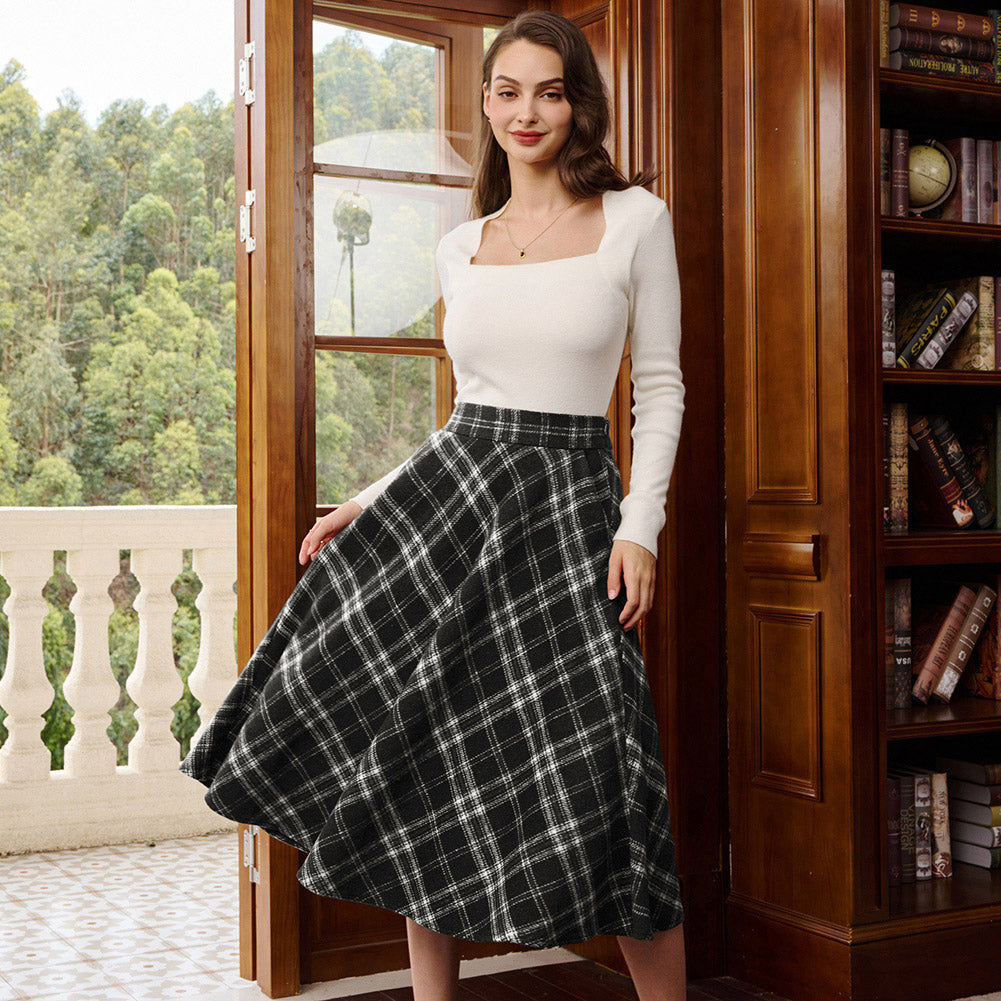 Belle Poque Women Plaid Skirt with Pockets Midi Length Vintage