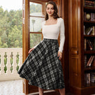 belle poque Women Vintage Plaided Swing Skirt Elastic Waist Mid-Calf Length A-Line Skirt