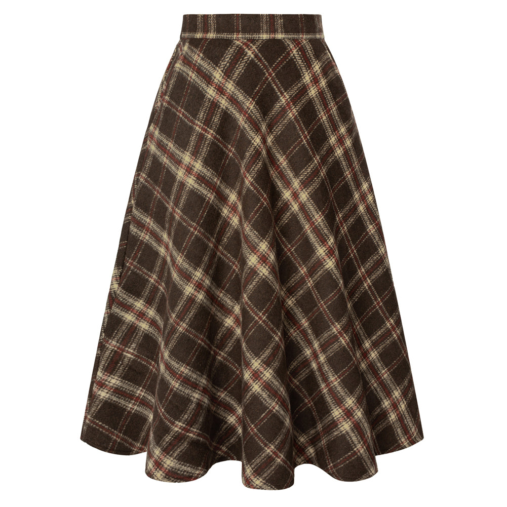 belle poque Women Vintage Plaided Swing Skirt Elastic Waist Mid-Calf Length A-Line Skirt Brown