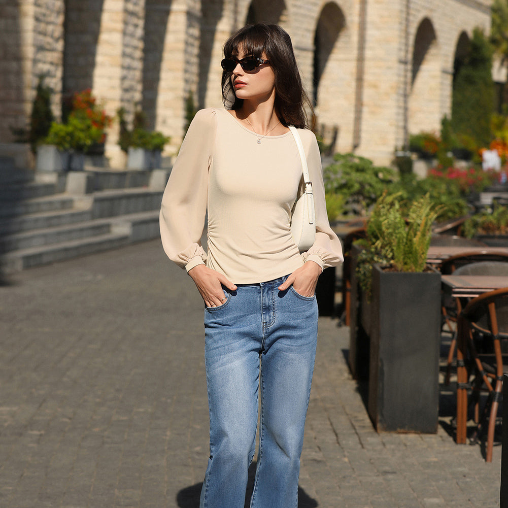 belle poque Women's Mesh Long Sleeve Tops Bow Tie Back Dressy Blouses