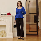 belle poque Women Vintage Ruched Tops Puffed Long Sleeve Peplum Hem Tops