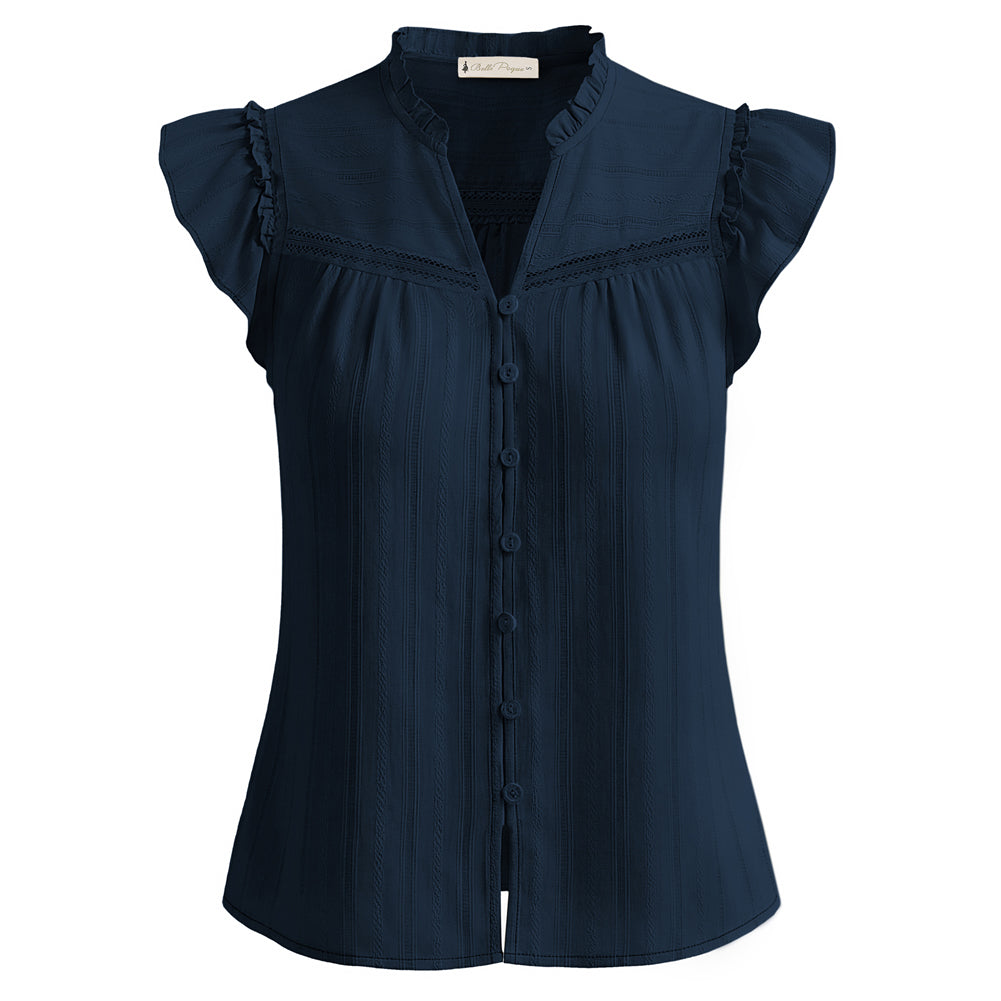 belle poque Women's Ruffle Sleeve Cotton Shirts Button Down Blouses Dressy Casual Tops Dark Blue