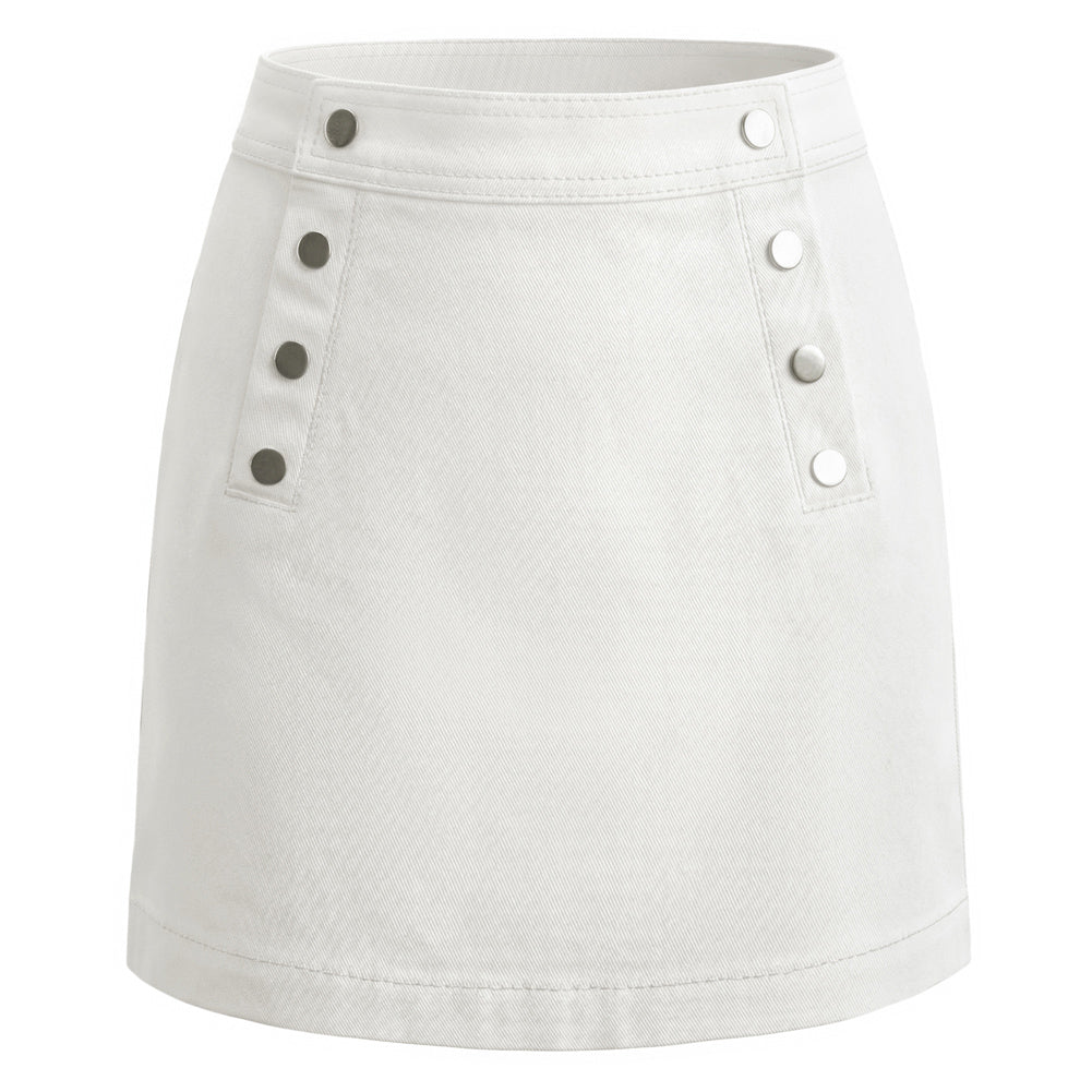belle poque 2026 Denim Mini Skirt Button-Front Sailor Jean Skirts for Women with Pockets White