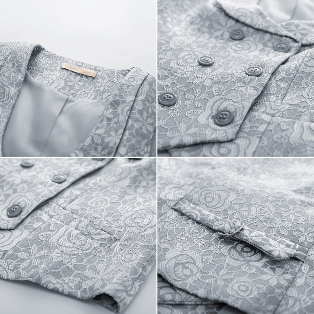 belle poque Vintage Floral Printed Double Breasted Vest Deep V-Neck Handkerchief Hem Vest Coat