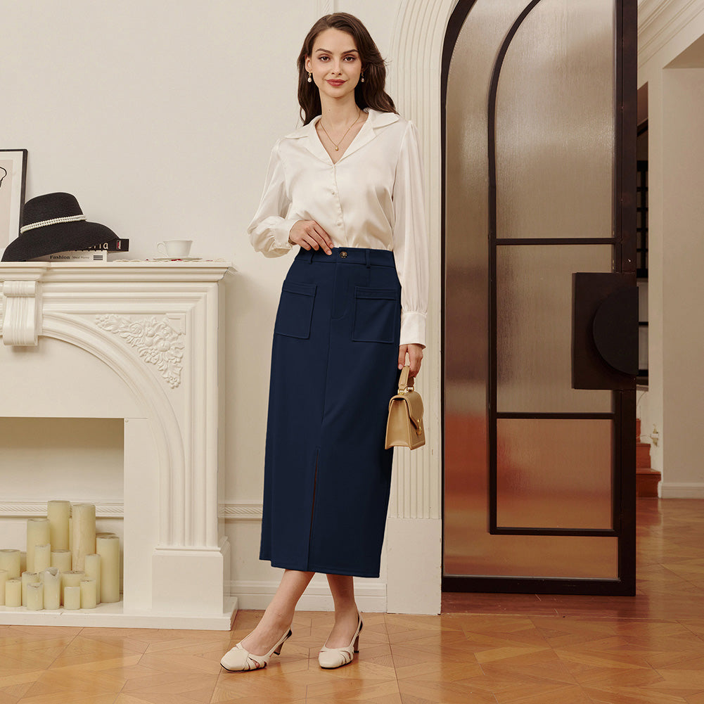 belle poque Women Cargo Skirt Long Pencil Skirt High Wiasted Skirts with Pockets & Slit