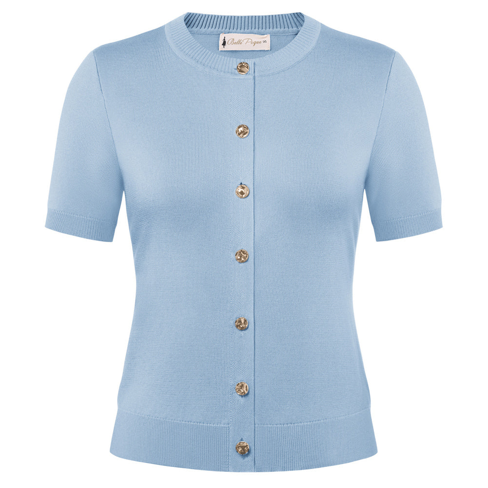 belle poque 2026 Spring Short Sleeve Cardigan Sweater Lightweight Button Up Cardigan Blue