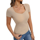 belle poque Women's Lace Trim Tops Slim Fit Ribbed Knit Basic Tee Tops