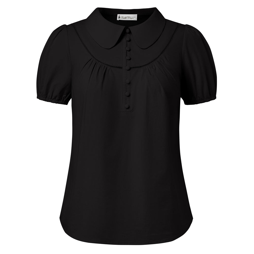 belle poque 2026 Puff Sleeve Cotton Blouses for Women Peter Pan Collar Dressy Work Shirts Black