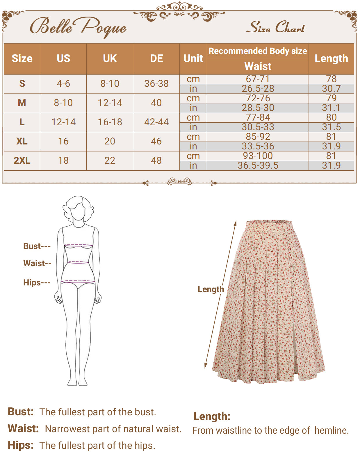 belle poque Women's Spring Summer 2026 Midi Skirts with Slit Flowy A-Line Skirt with Pockets