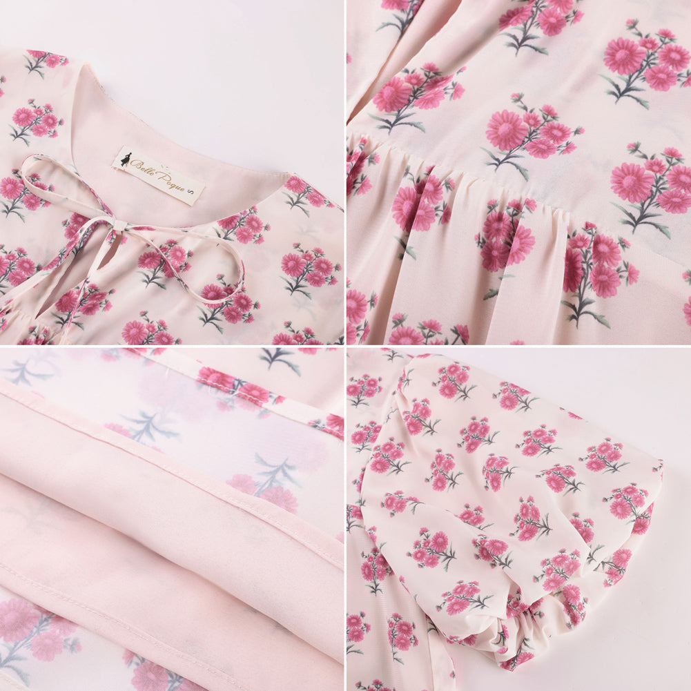 belle poque Floral Babydoll Tops for Women Puff Sleeve Tie Front Blouse Boho Tops Outfits