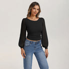 belle poque Women's Mesh Long Sleeve Tops Bow Tie Back Dressy Blouses