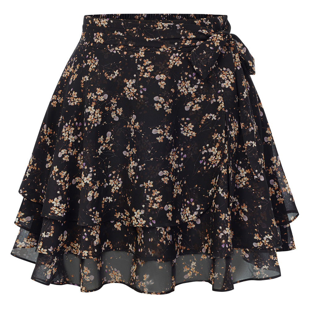 belle poque Women's Flowy Ruffle Mini Skirt with Shorts Underneath Boho Skirt Summer Skirt Black