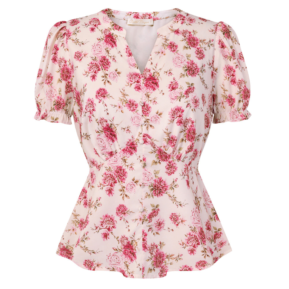 belle poque Floral Tops for Women Vacation Blouses Henley V Neck Shirts Peplum Tops Pink