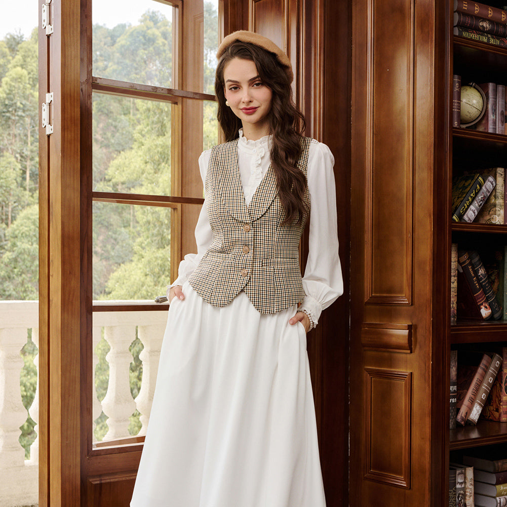 belle poque Vintage Lapel Collar Suit Vest Tops for Women Work Dressy Waistcoat Blazer with Pockets