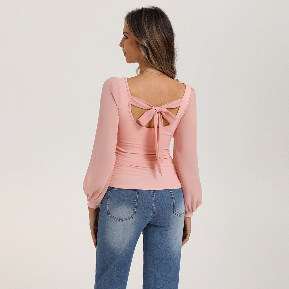 belle poque Women's Mesh Long Sleeve Tops Bow Tie Back Dressy Blouses