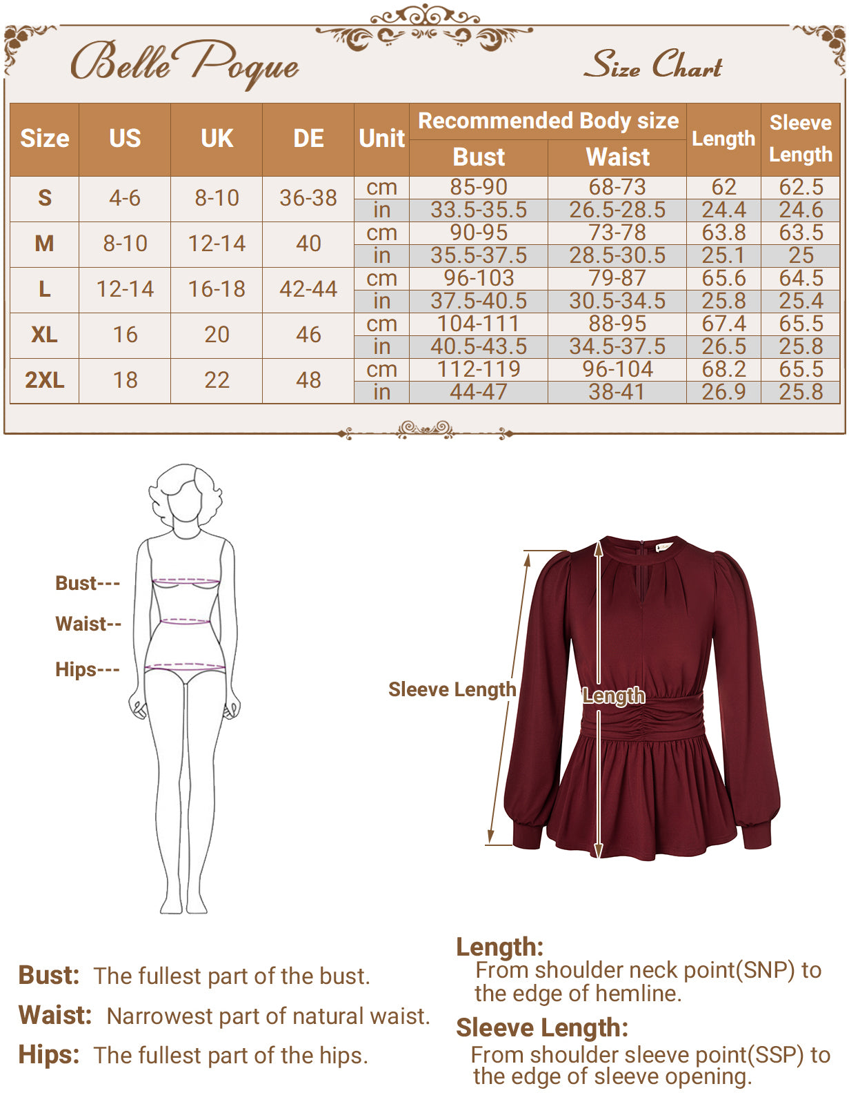 belle poque Women Retro Defined Waist Tops Long Lantern Sleeve Crew Neck Pullover Tops