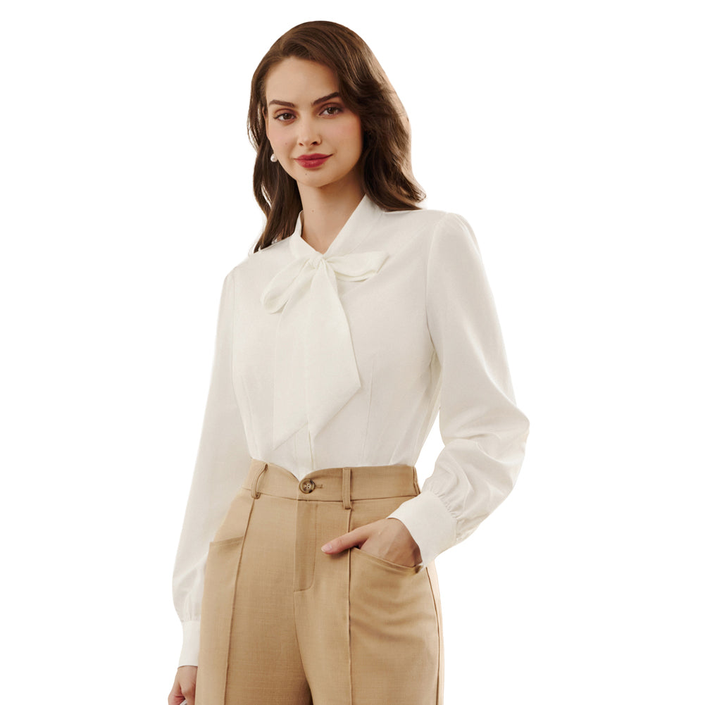 belle poque Women's Bow Tie Neck Blouse Button Down Shirt for Work Office Casual